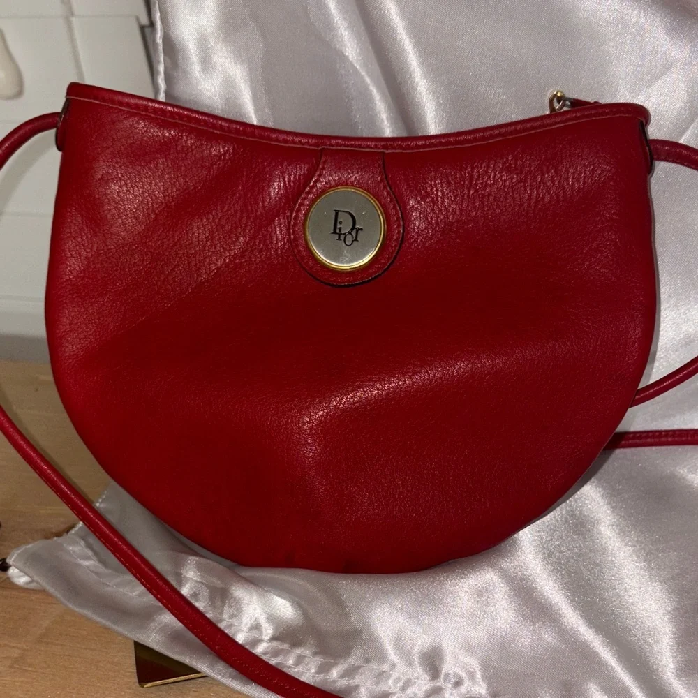 Vintage Dior Red Leather Crescent Crossbody with Gold Logo Medallion - Picture 3 of 14